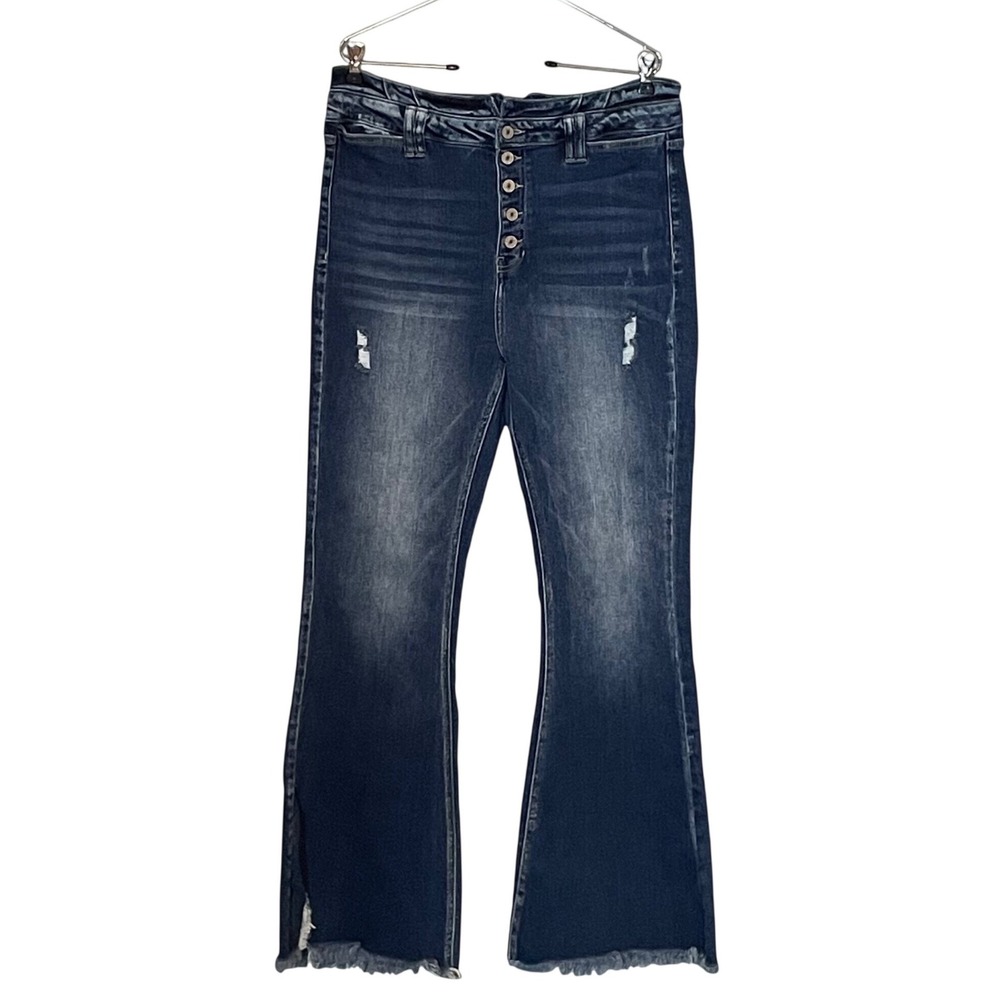 KanCan High Rise Flare Jeans Dark Wash Distressed Button Fly 31 Boho Chic‎ Y2K